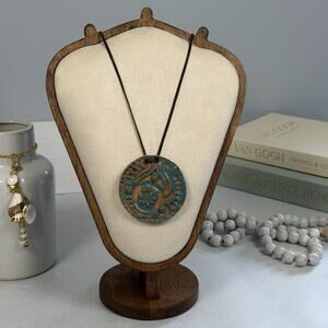 Vintage Boho 1980s Gray-Green Clay Pendant Necklace 24" Abstract Textured Unisex